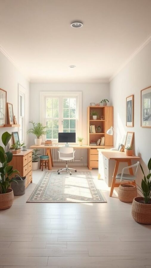 Bright and airy small home office with light-colored walls, wooden furniture, and plants