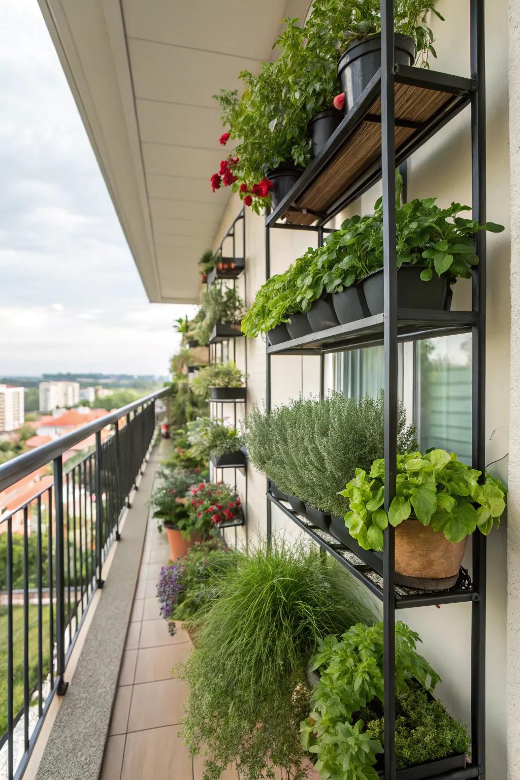 Vertical shelving and planters on balcony