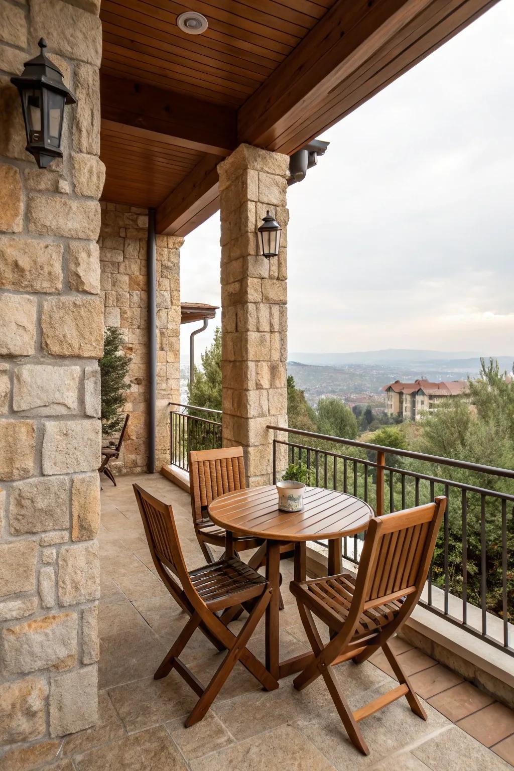 Natural wood and stone elements on balcony