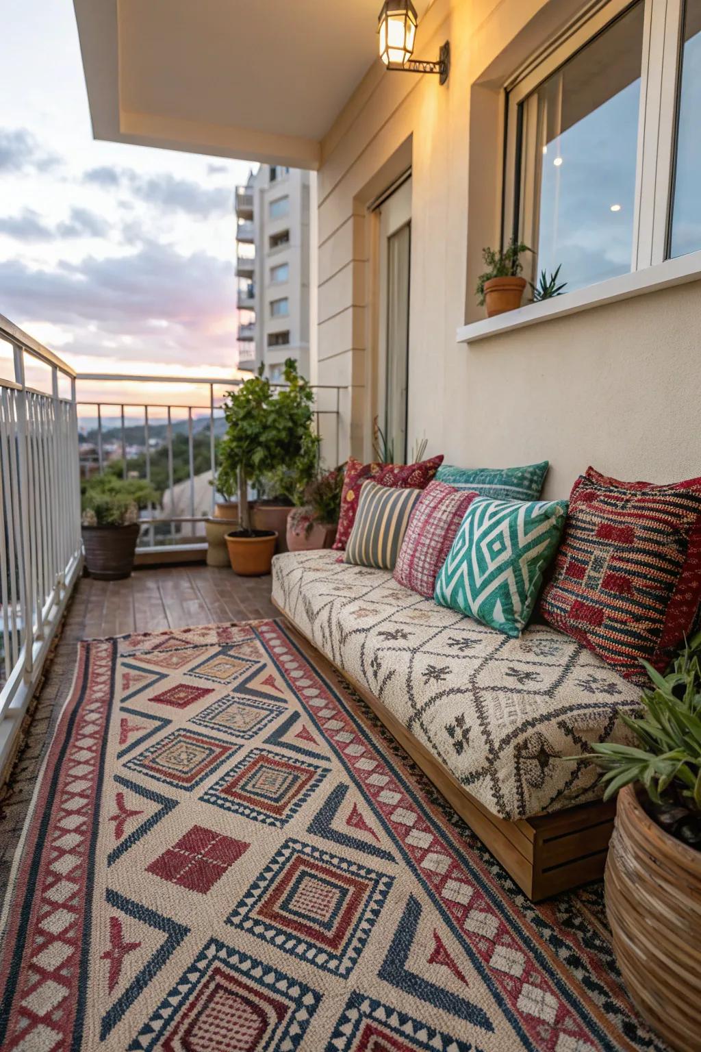 Patterned textiles on balcony