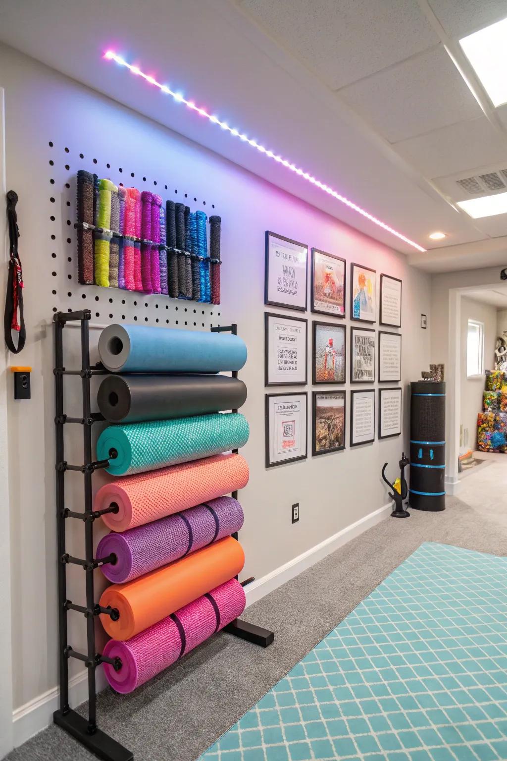 Wall racks offer a sleek and organized gym setup.
