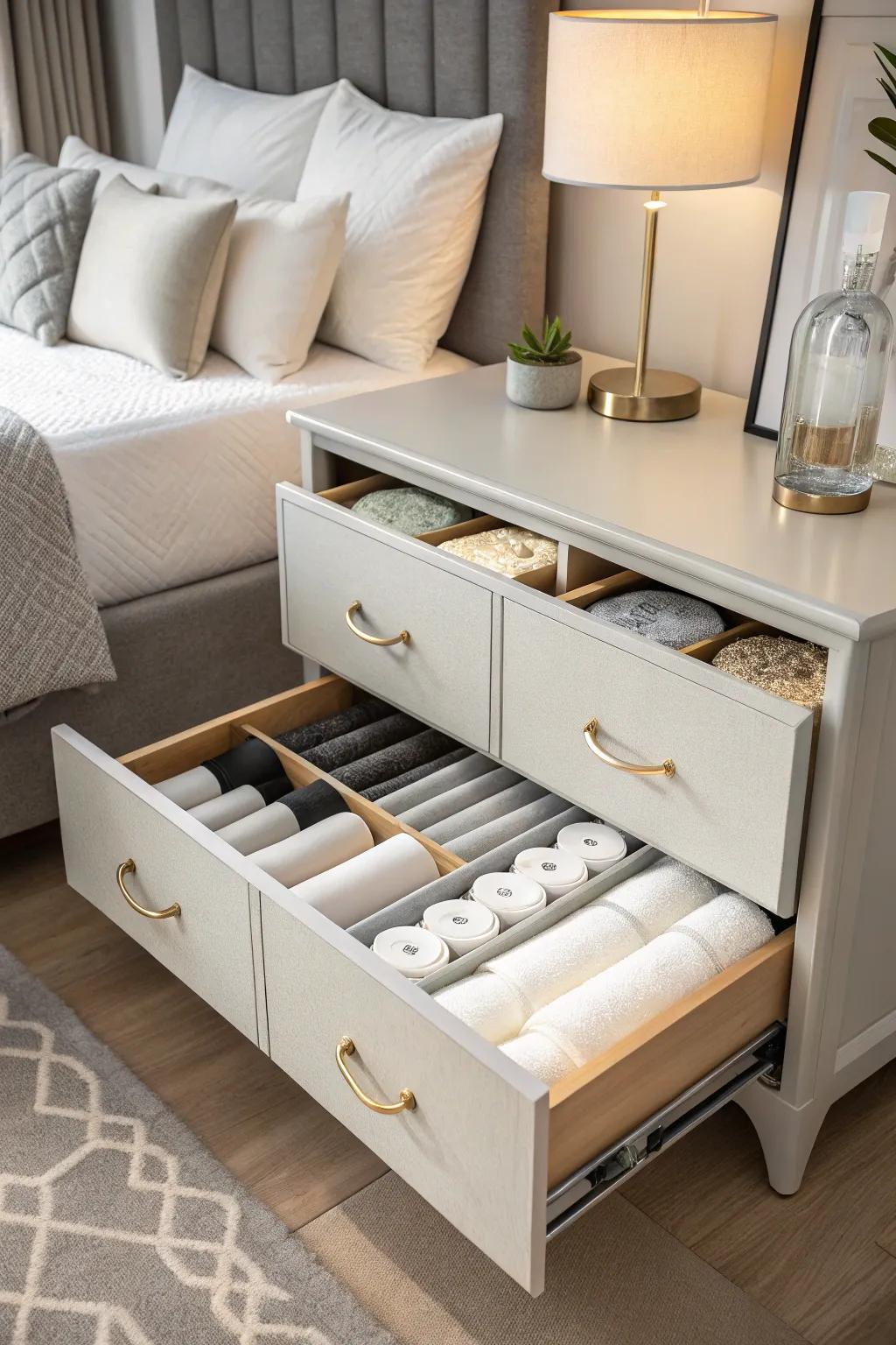 Dedicated drawers with dividers keep foam rollers tidy.