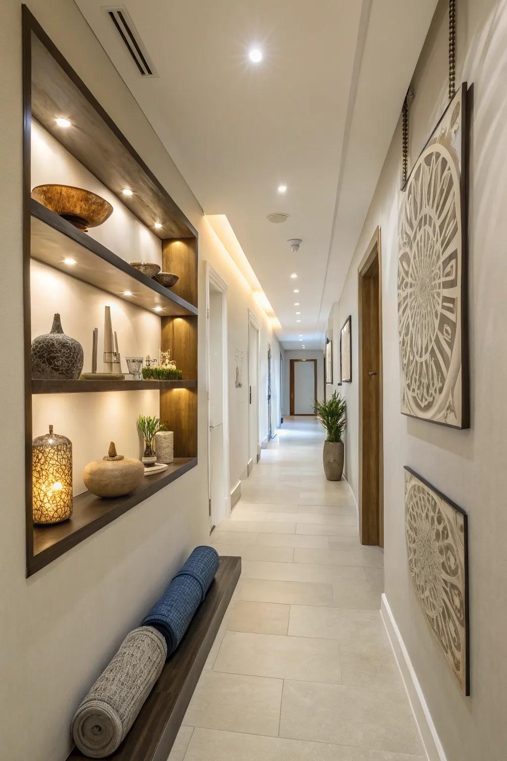 Floating shelves blend storage with decorative appeal.