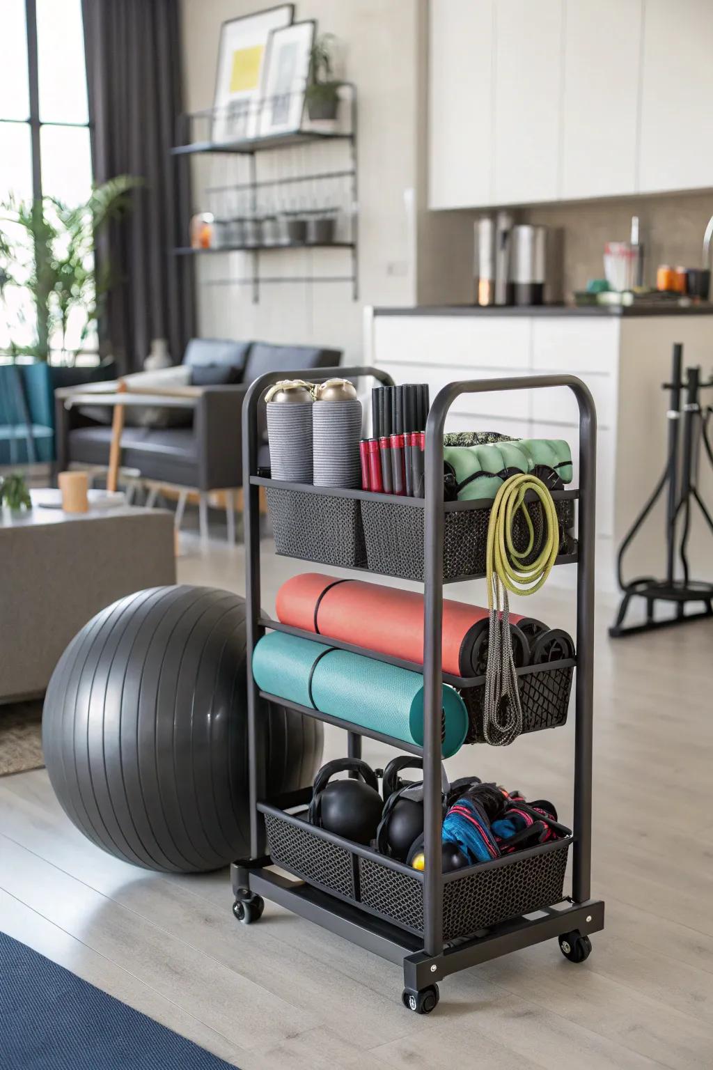 Rolling carts provide portable foam roller storage.