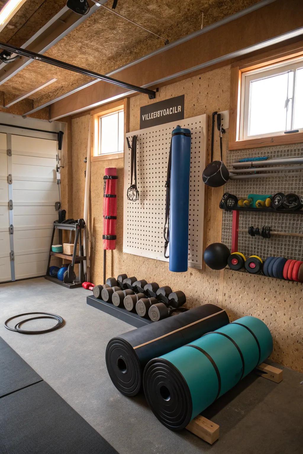 Pegboards offer flexible foam roller storage options.