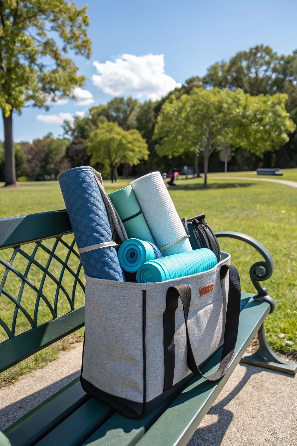 A portable tote bag keeps foam rollers organized for travel.