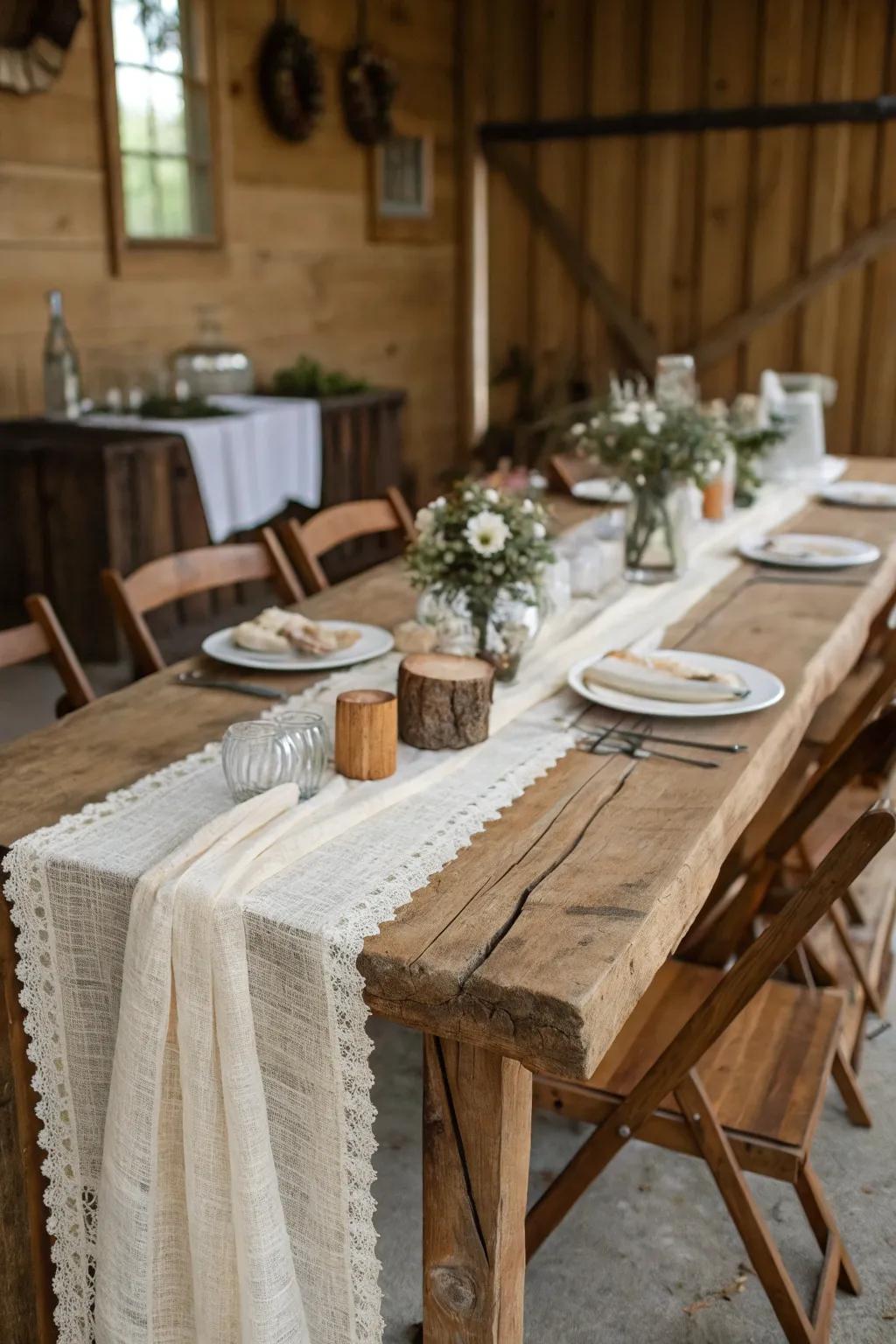 Neutral cheesecloth runner on farmhouse table