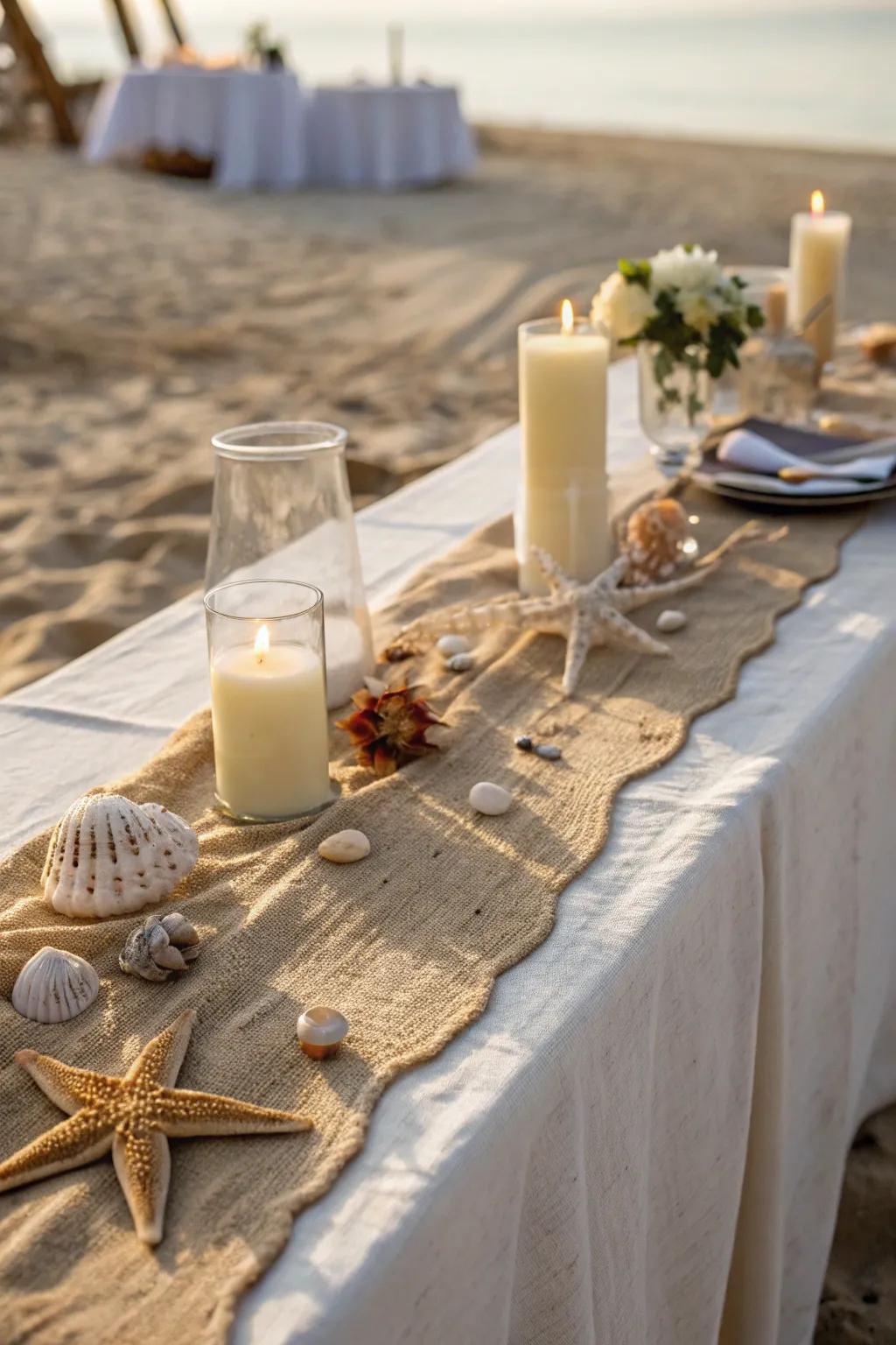 Sand-colored cheesecloth runner with seashells