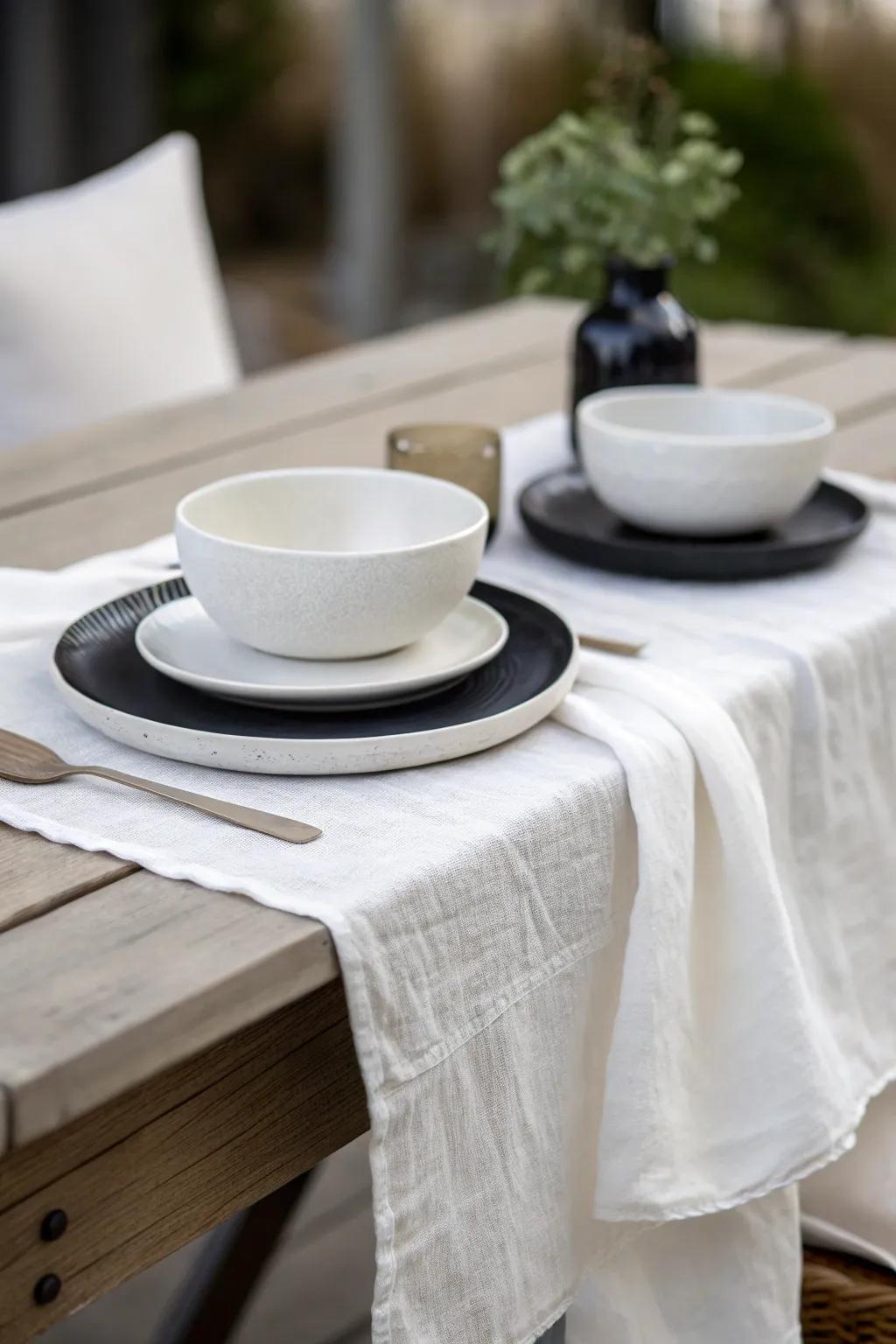 White cheesecloth runner with monochrome tableware
