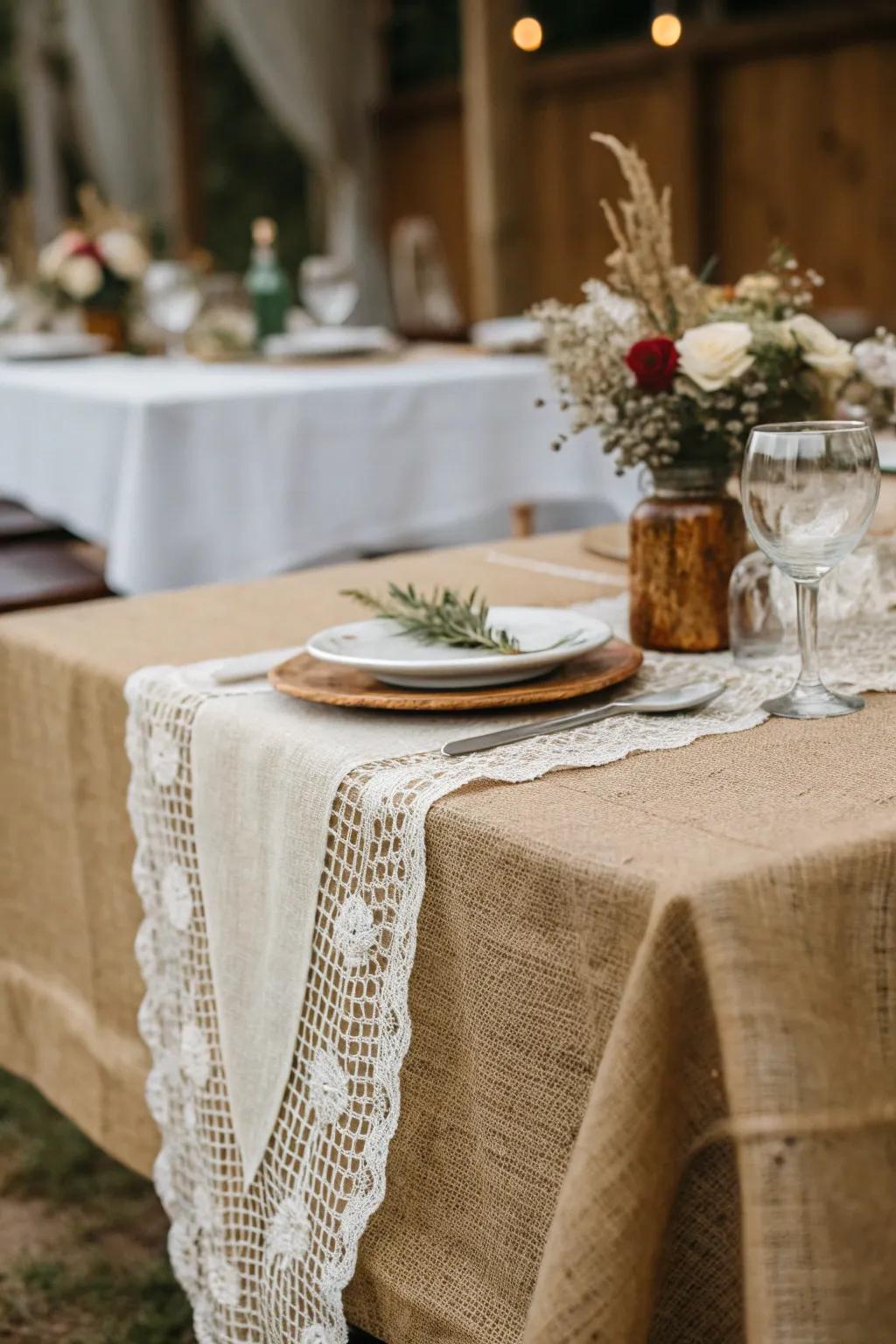 Layered cheesecloth runner over burlap tablecloth