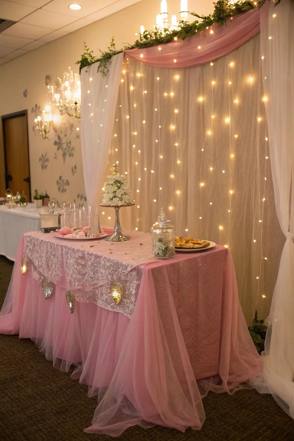 Pink cheesecloth runner with fairy lights