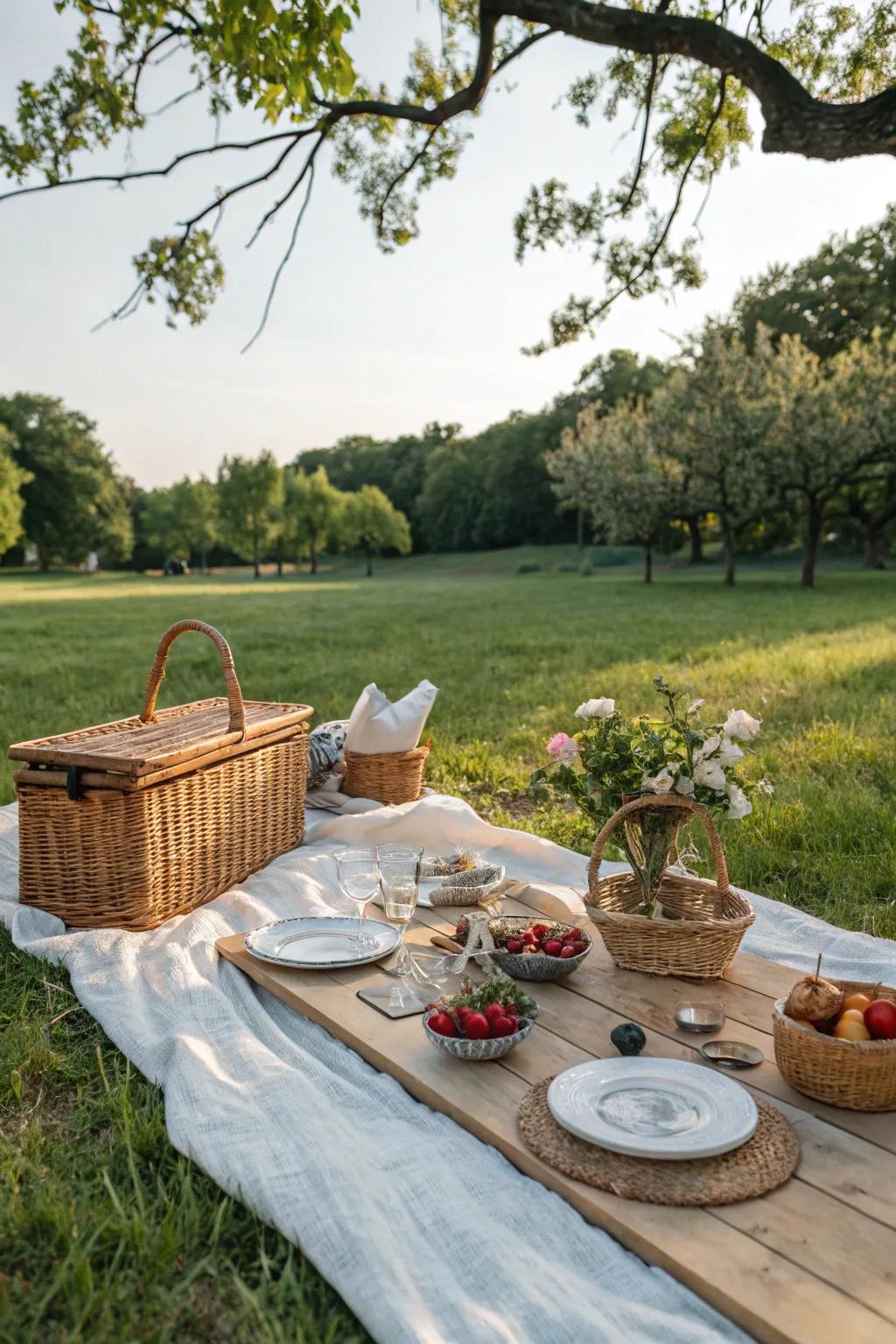 Natural-toned cheesecloth runner on picnic table