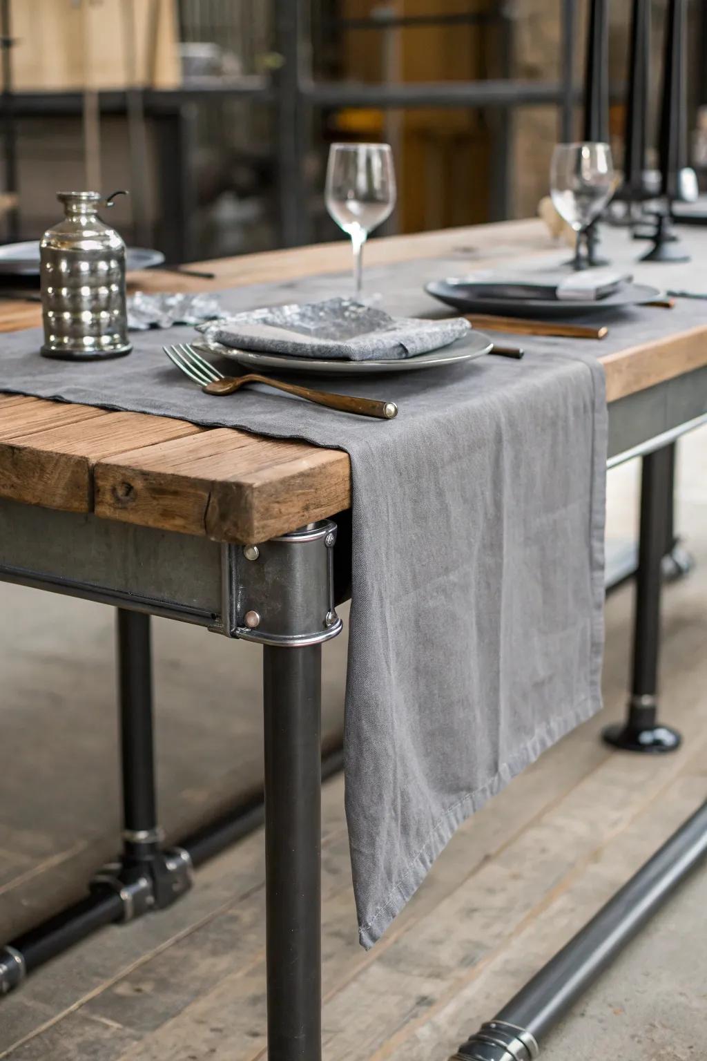 Gray cheesecloth runner with metal accents