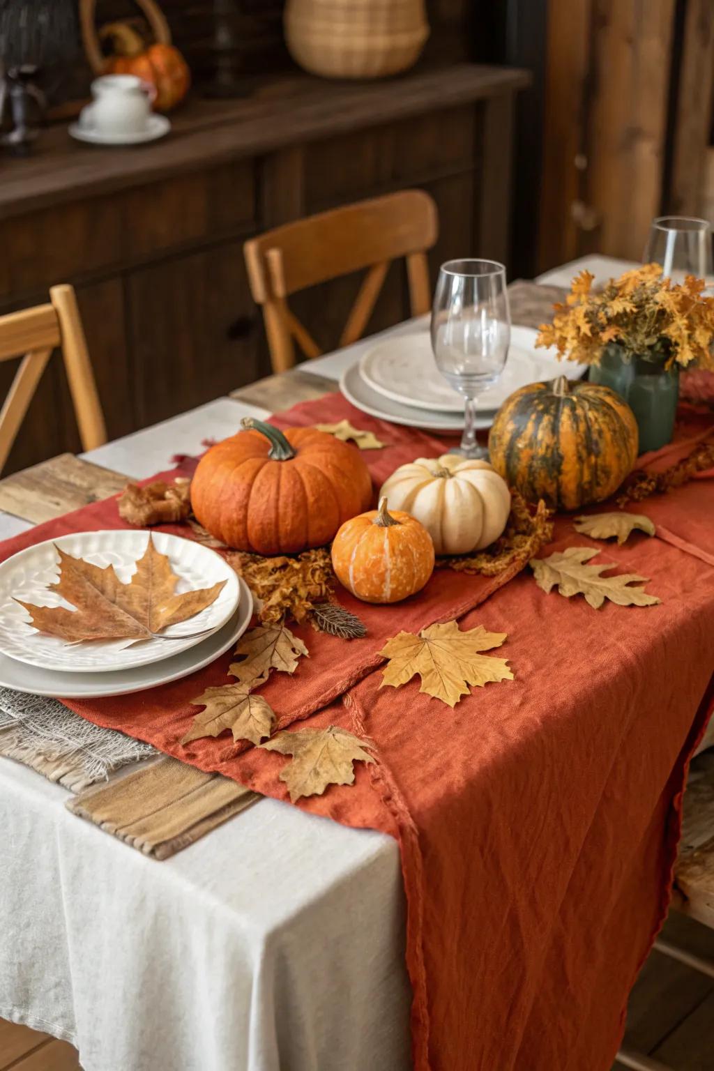 Orange cheesecloth runner with gourds and leaves