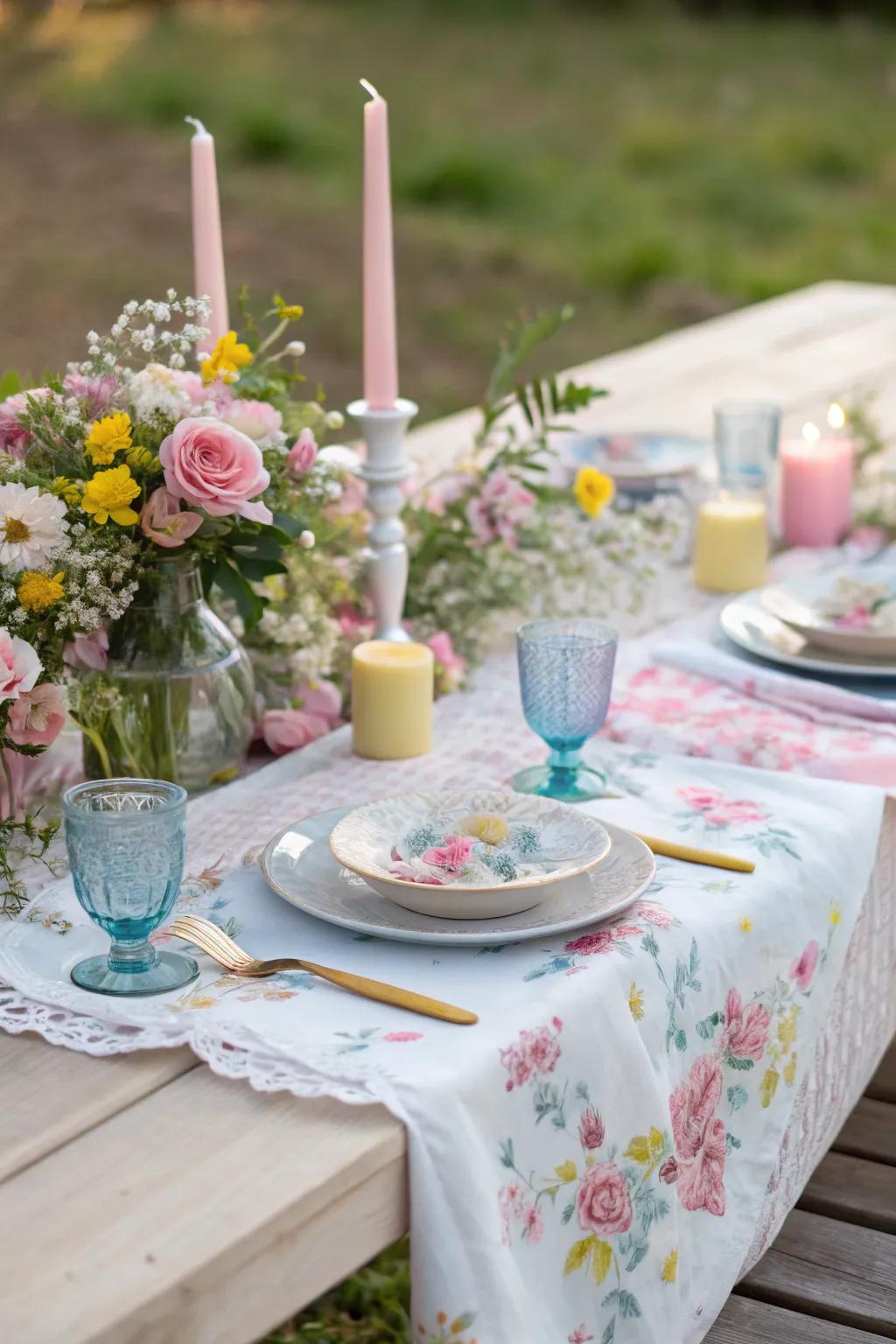 Floral pastel cheesecloth runner for spring