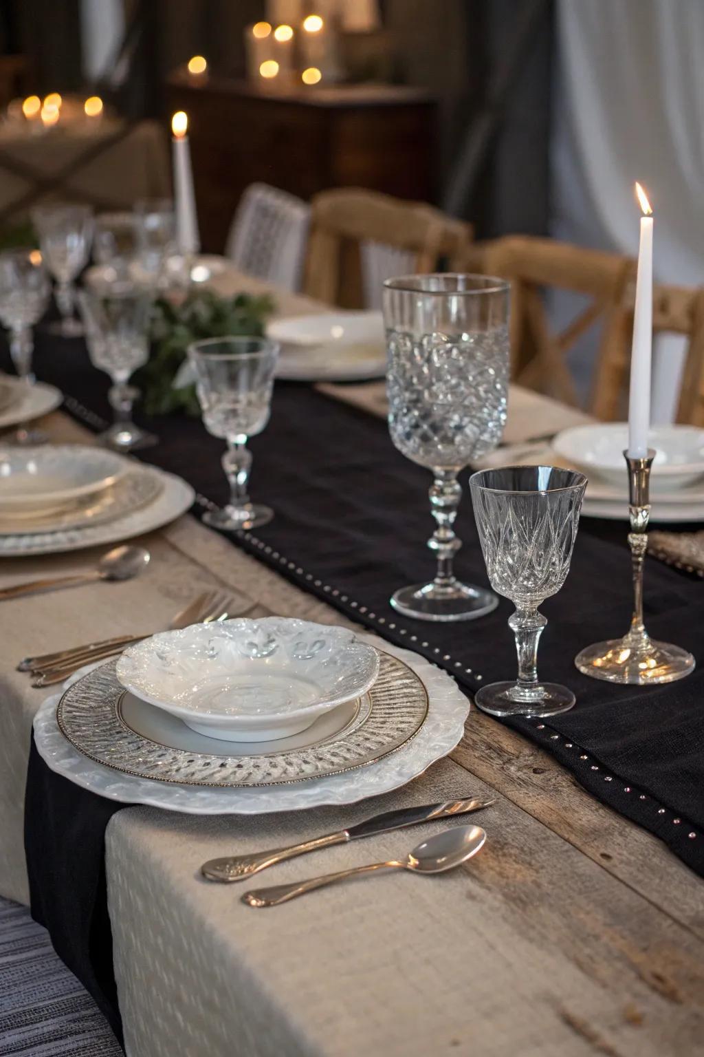 Dark cheesecloth runner with crystal glassware