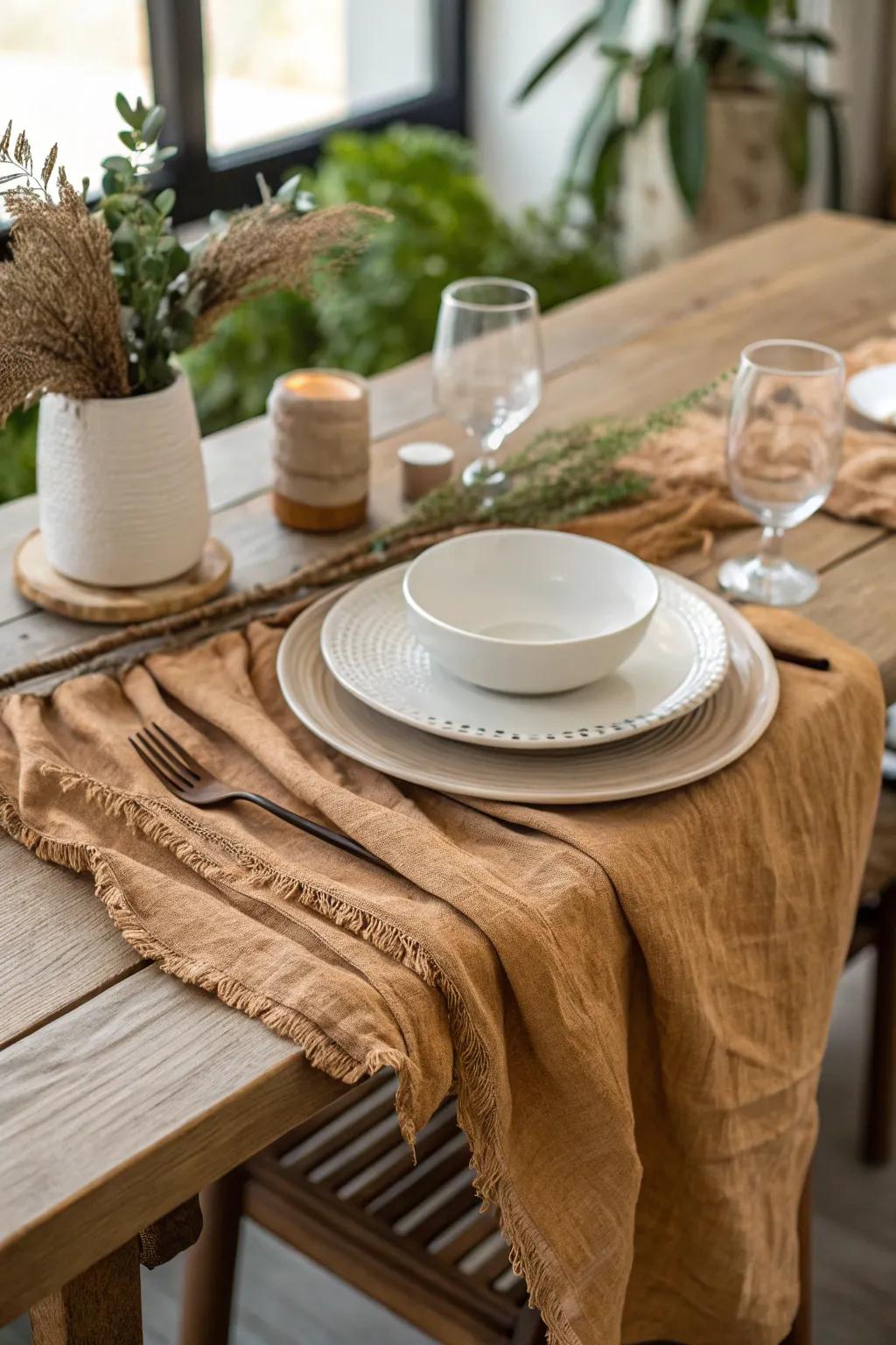 Earth-toned cheesecloth runner for casual dining