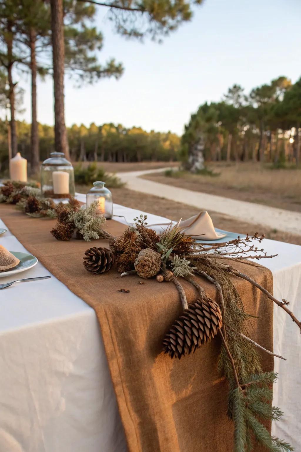 Brown cheesecloth runner with pinecones and twigs