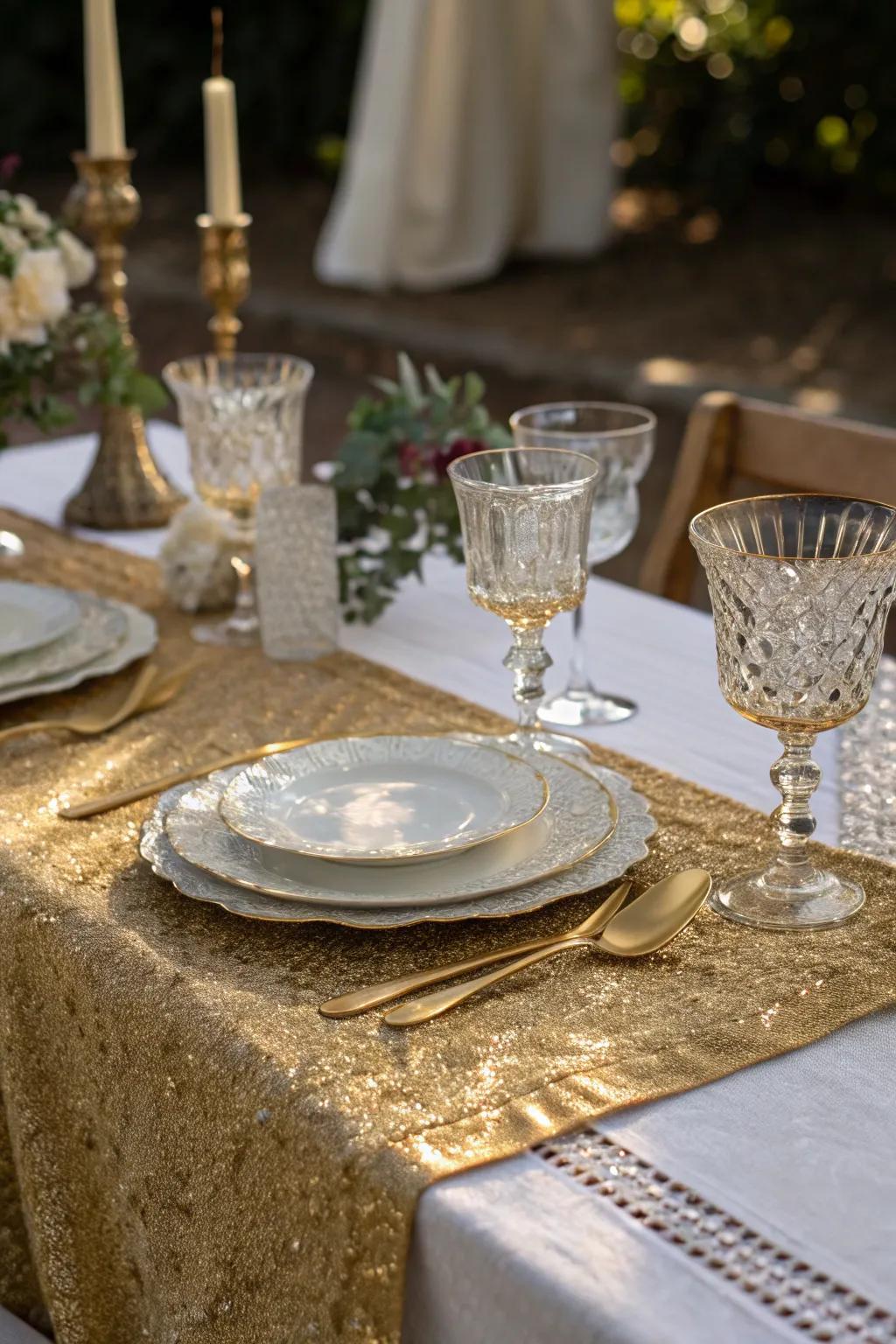 Gold cheesecloth runner with vintage glassware