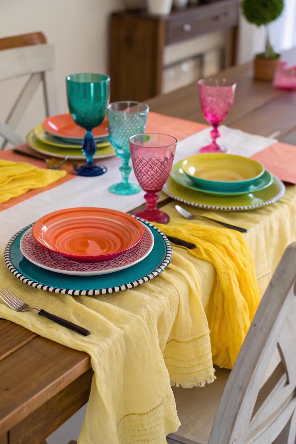 Colorful cheesecloth runner with bright tableware