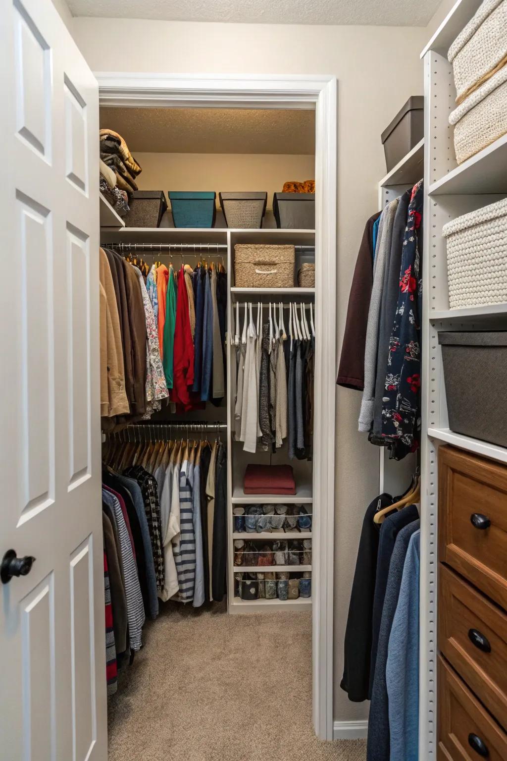 Single-sided storage keeps narrow closets open and accessible.