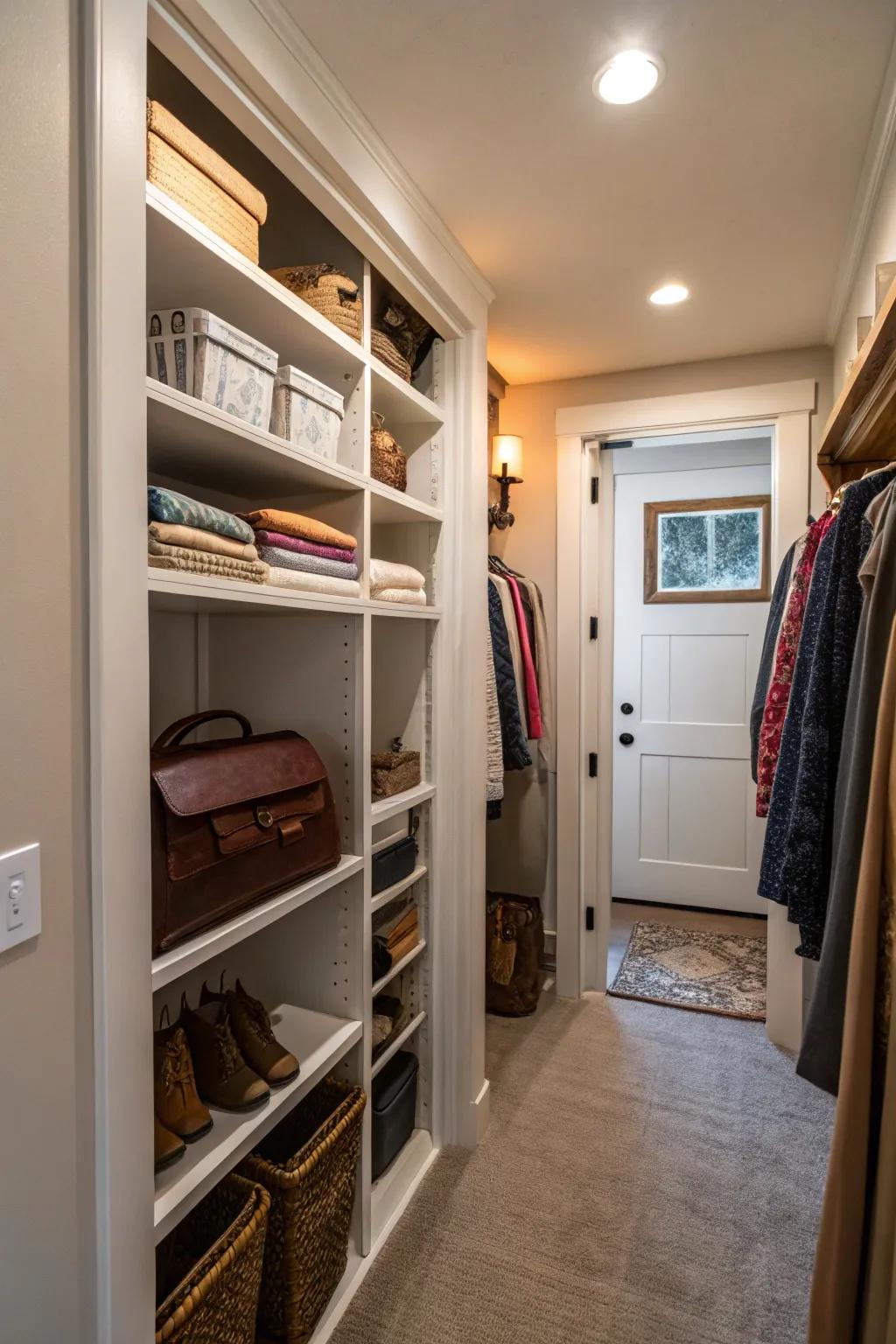 Wall-mounted shelves create a streamlined storage solution.