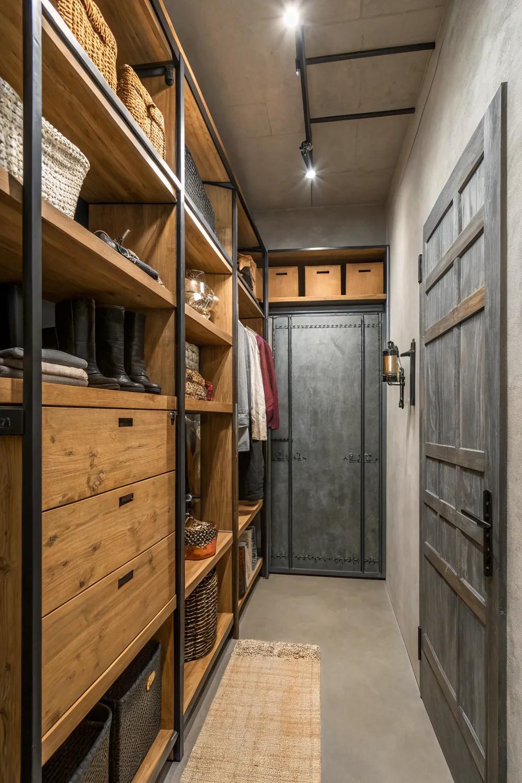 Combining materials adds depth and character to narrow closets.
