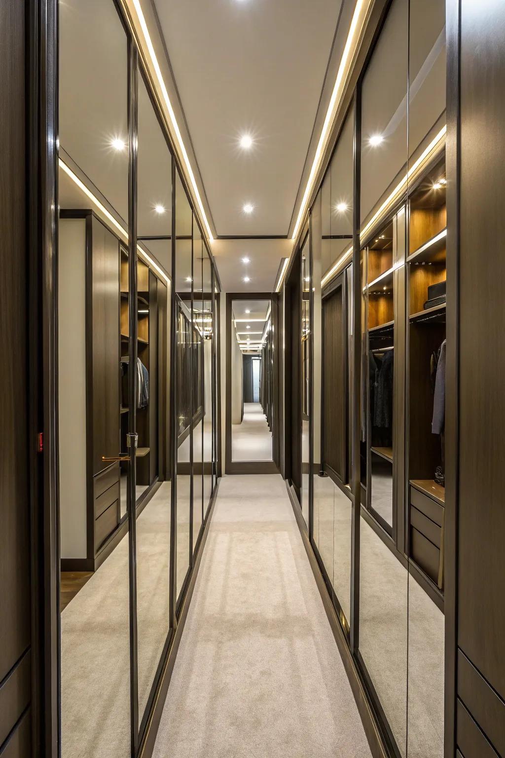 Mirrors create an illusion of spaciousness and brighten closets.