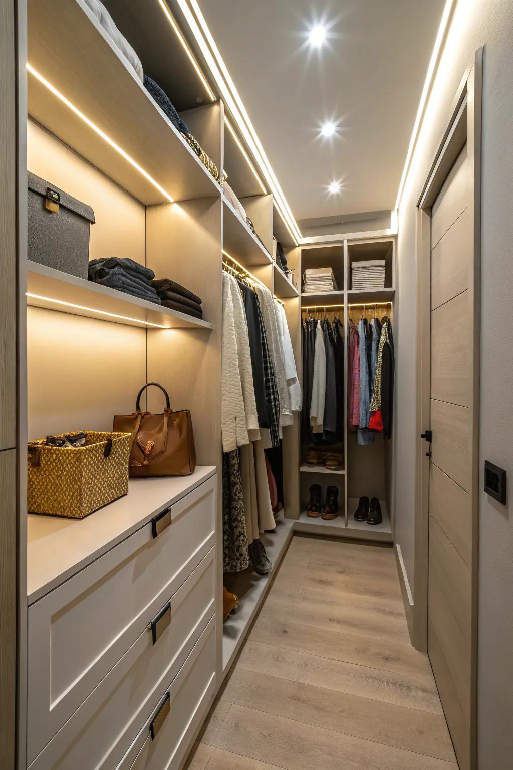LED lighting enhances visibility and ambiance in closets.