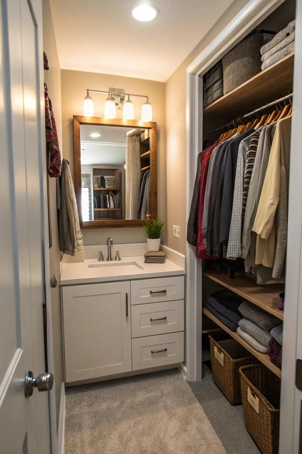 A small vanity adds elegance and functionality to narrow closets.