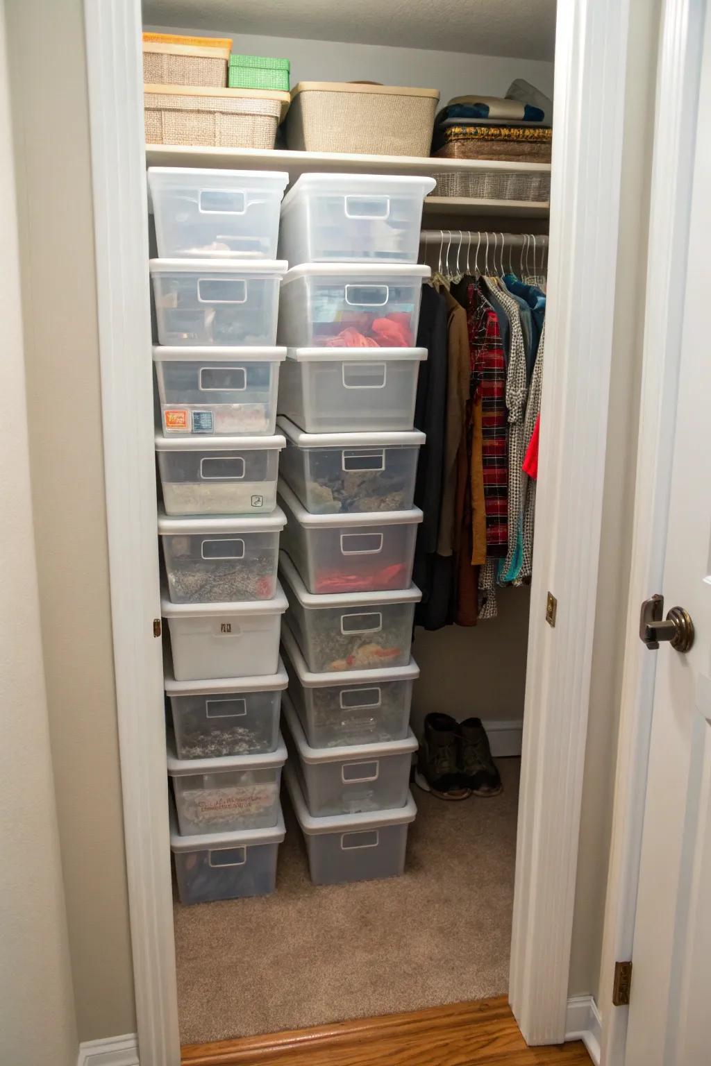 Transparent storage boxes keep items organized and easy to find.