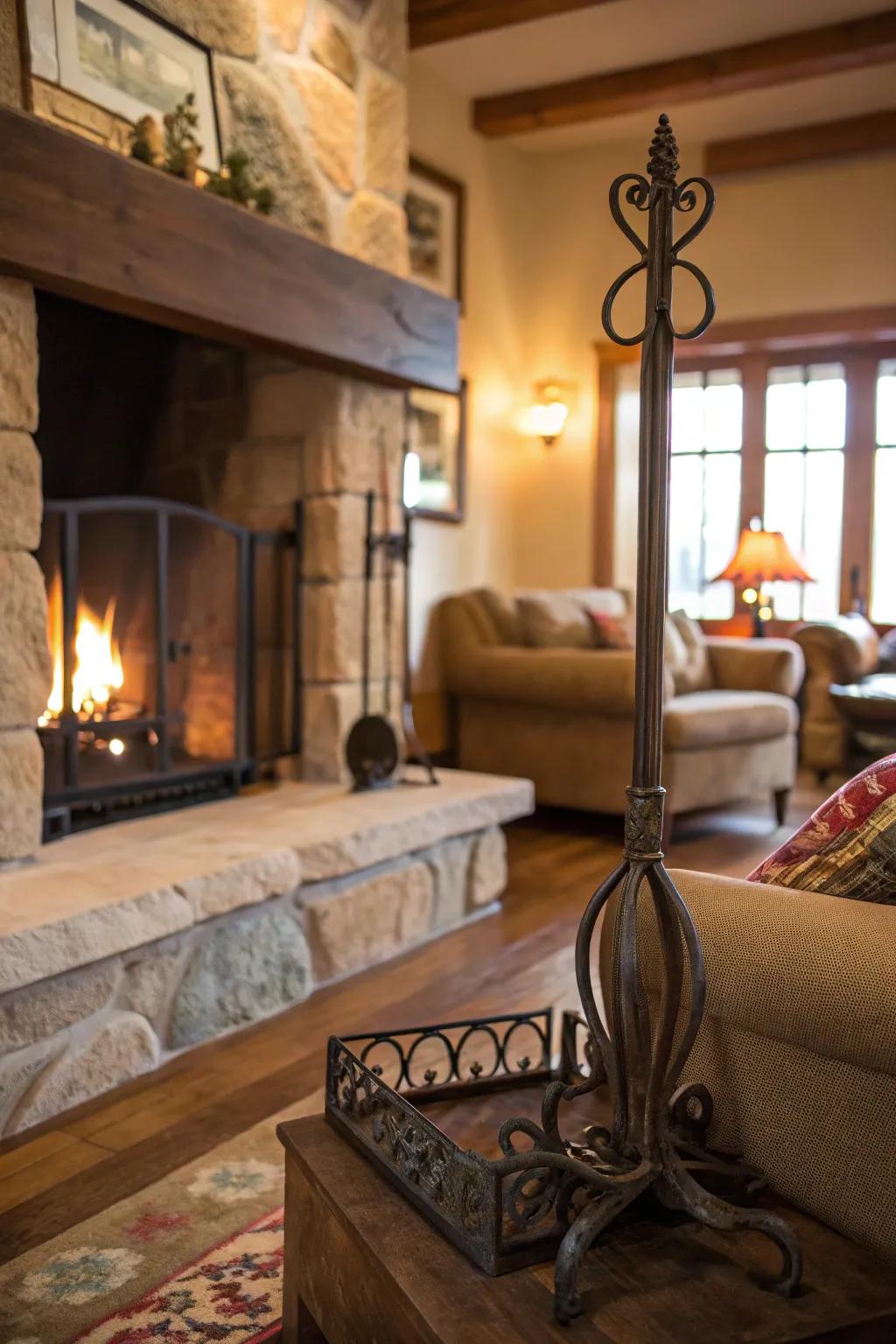 Rustic fireplace poker combining utility and charm.