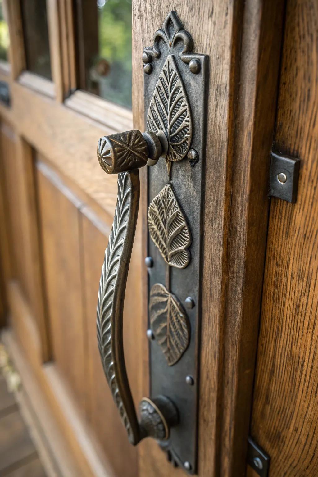 Leaf-embellished door handles enhancing any entrance.