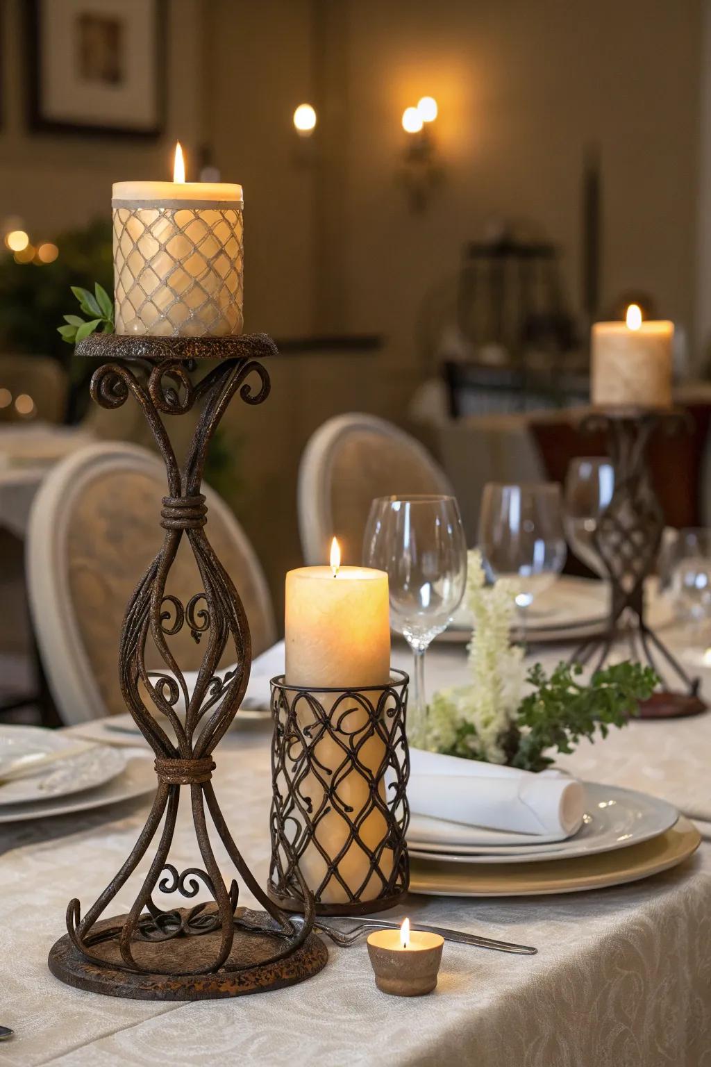 Ornamental candle holders enhancing ambiance.