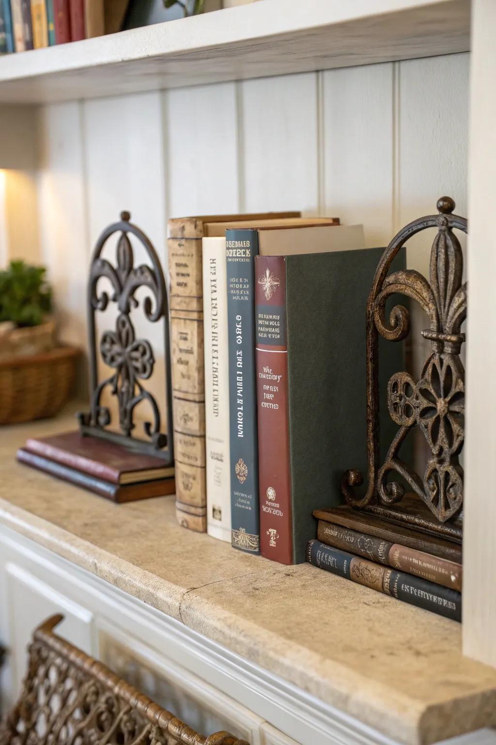 Handcrafted metal bookends adding flair to shelves.