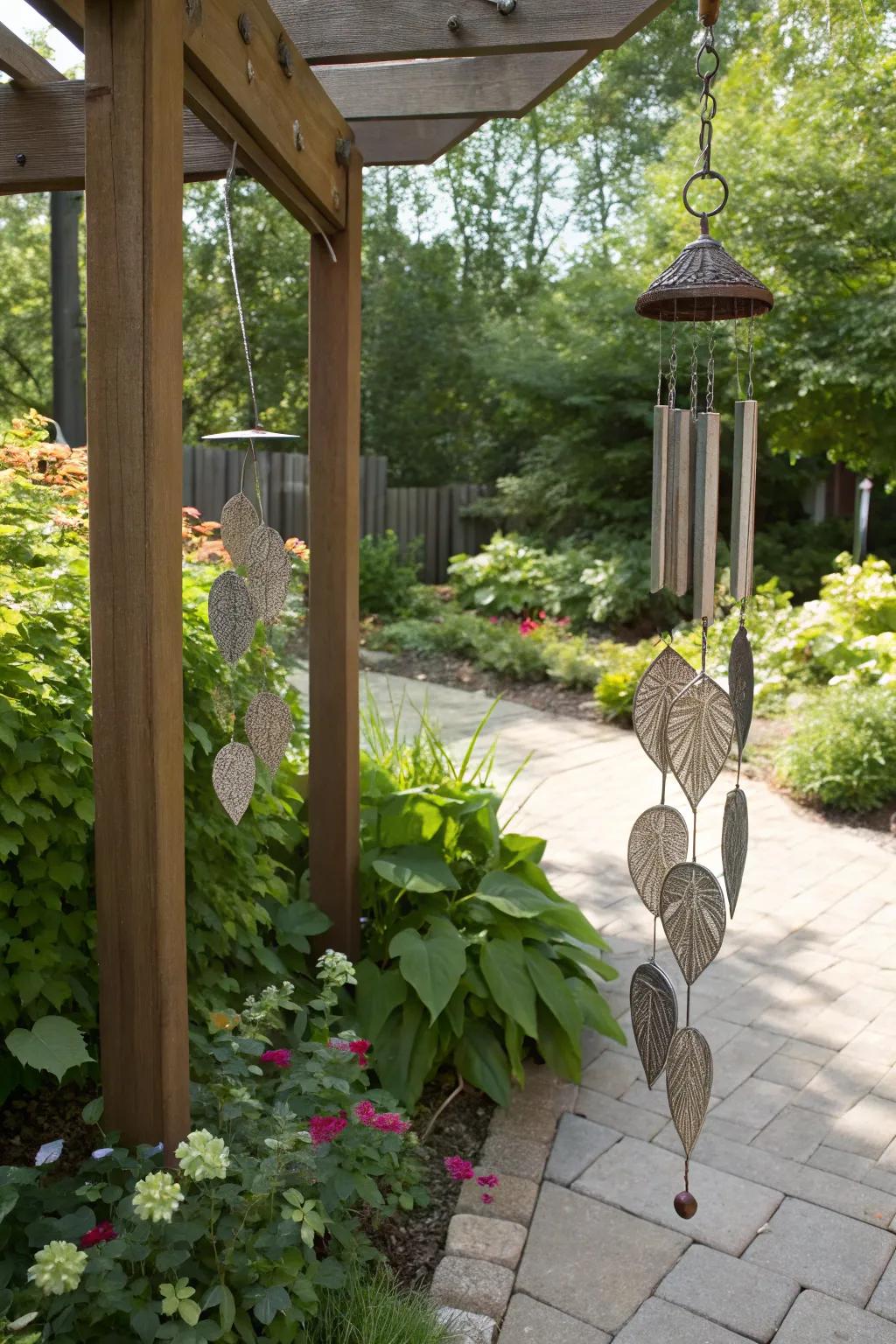 Leaf-inspired wind chimes creating soothing melodies.