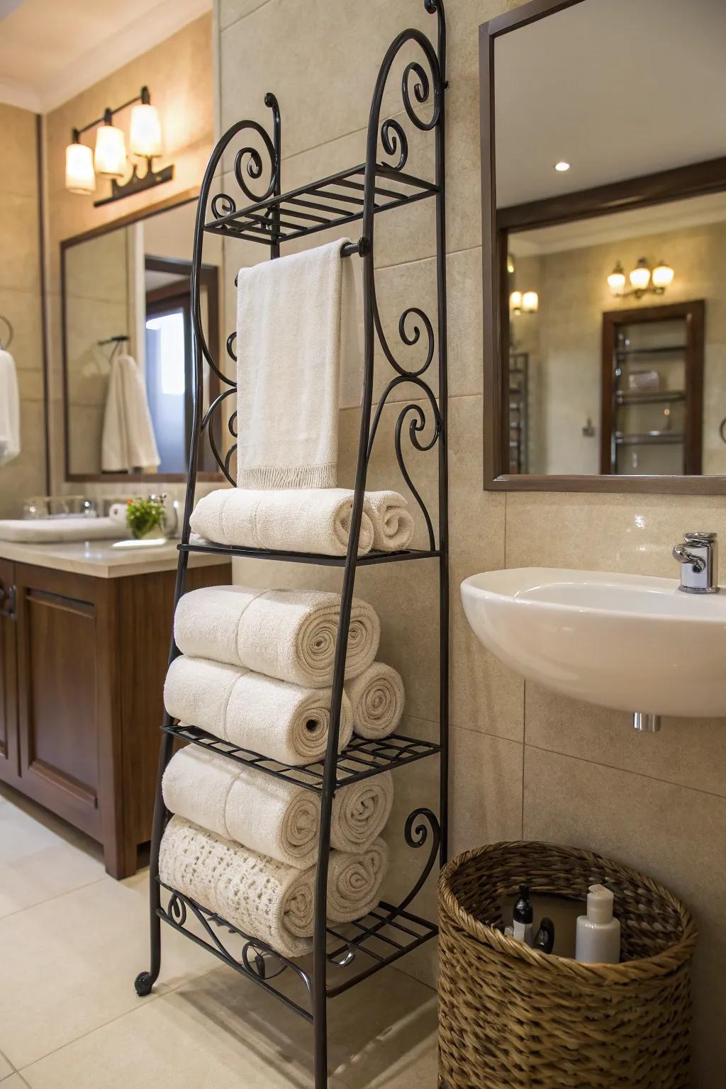 Decorative towel holder enhancing bathroom style.