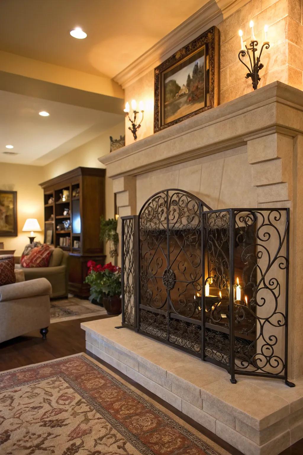 Sophisticated fireplace screen combining safety and style.