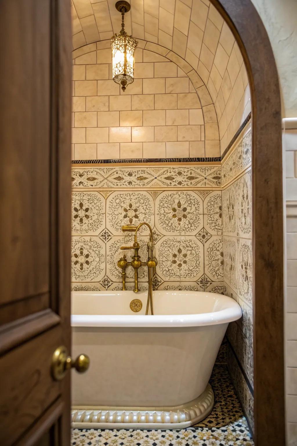 Bathtub alcove enhanced with vintage brass fixtures for a luxurious feel.