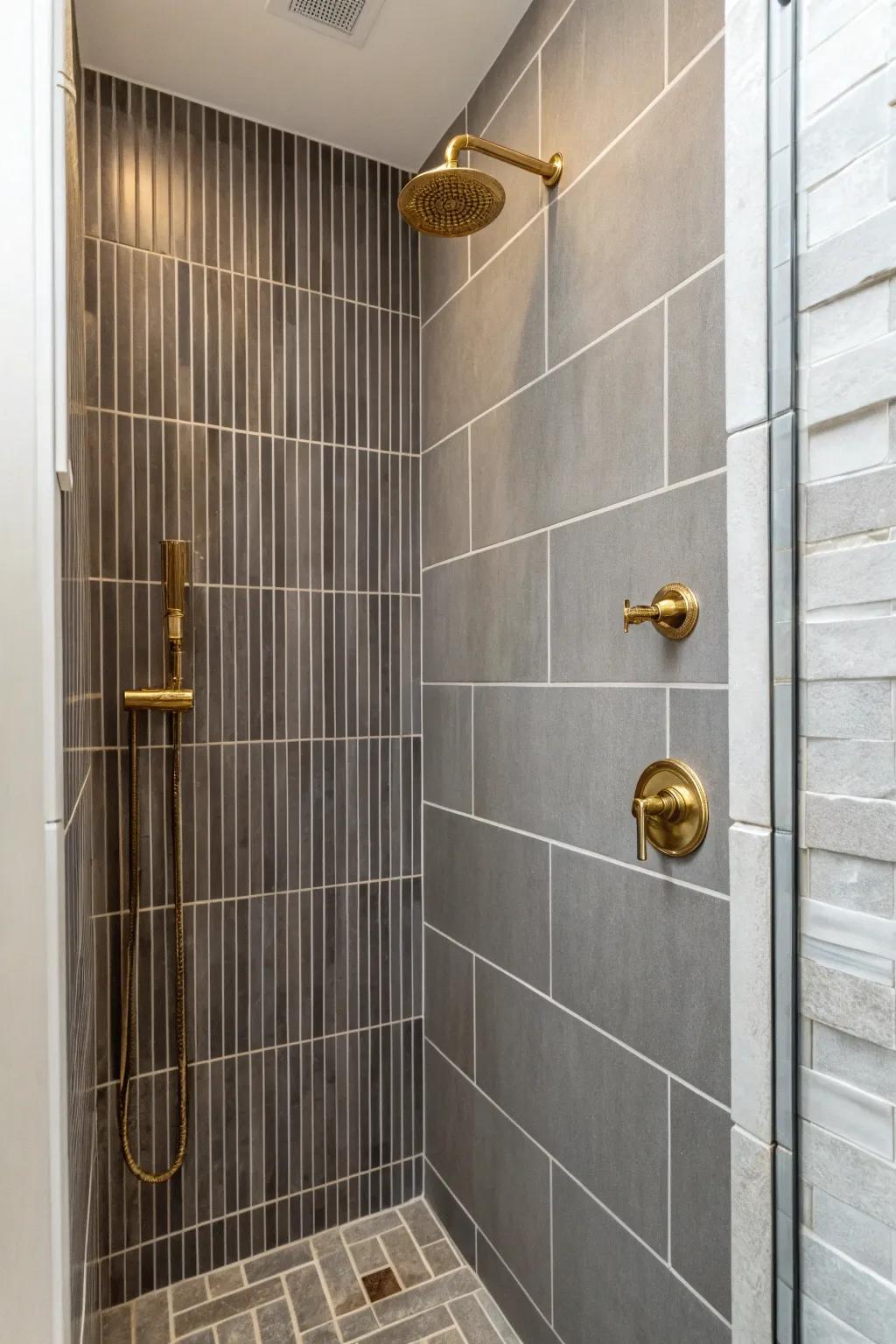 Shower alcove with vertical gray tiles creating a modern and inviting space.