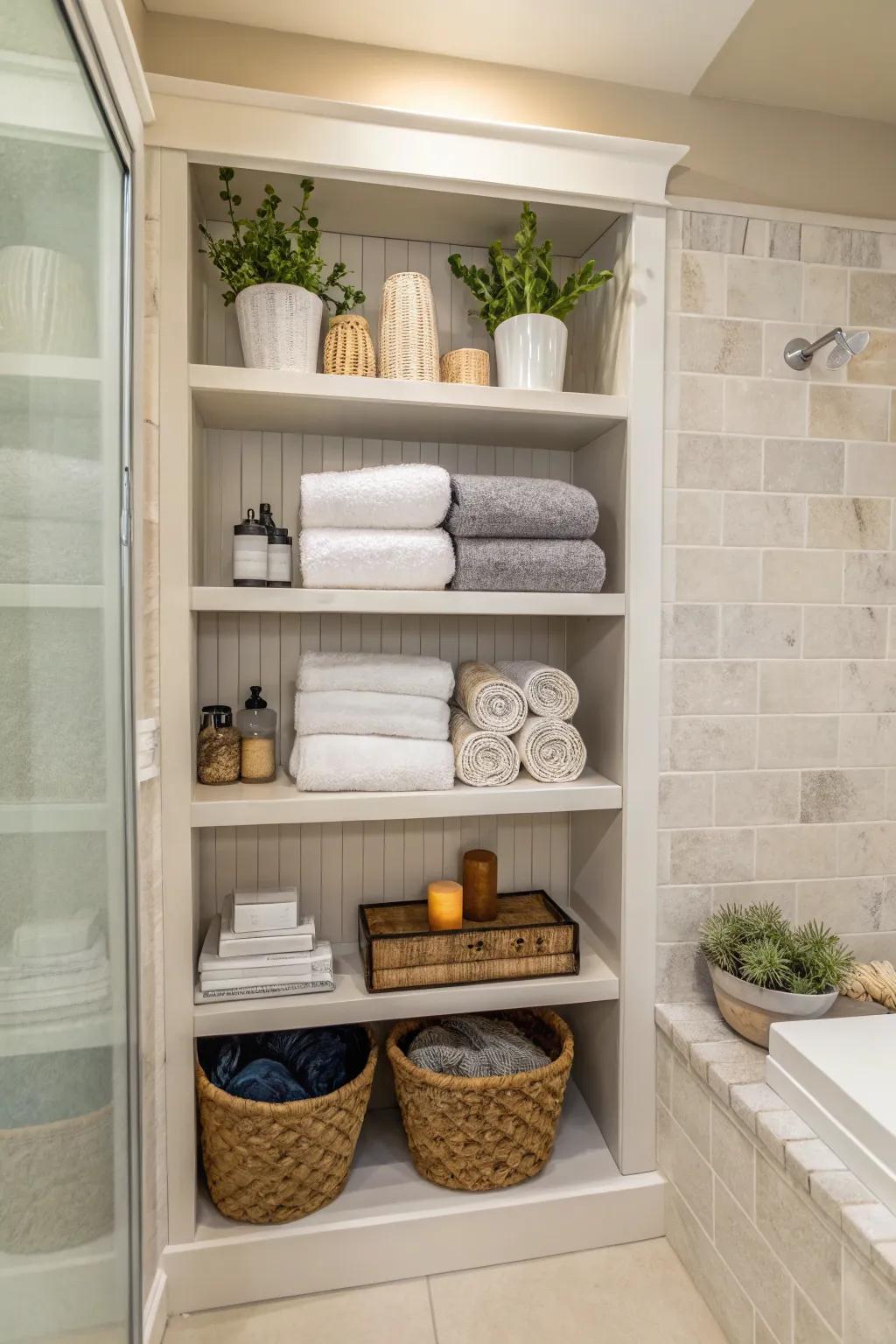 Built-in shelves in a bathroom alcove combining storage and style.