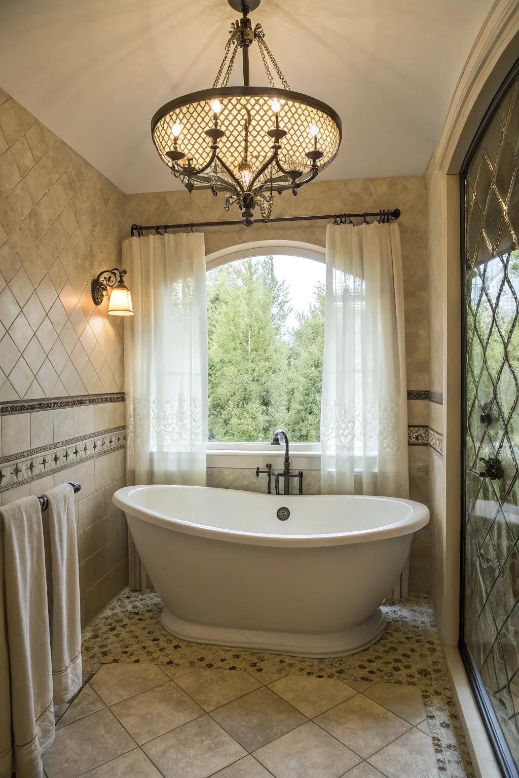 Freestanding bathtub in an alcove creating a luxurious spa atmosphere.