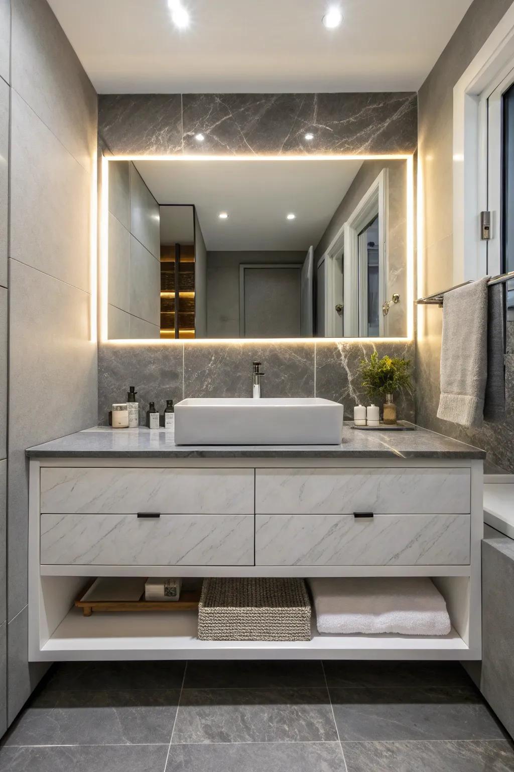 Floating vanity in an alcove creating an open and modern bathroom feel.