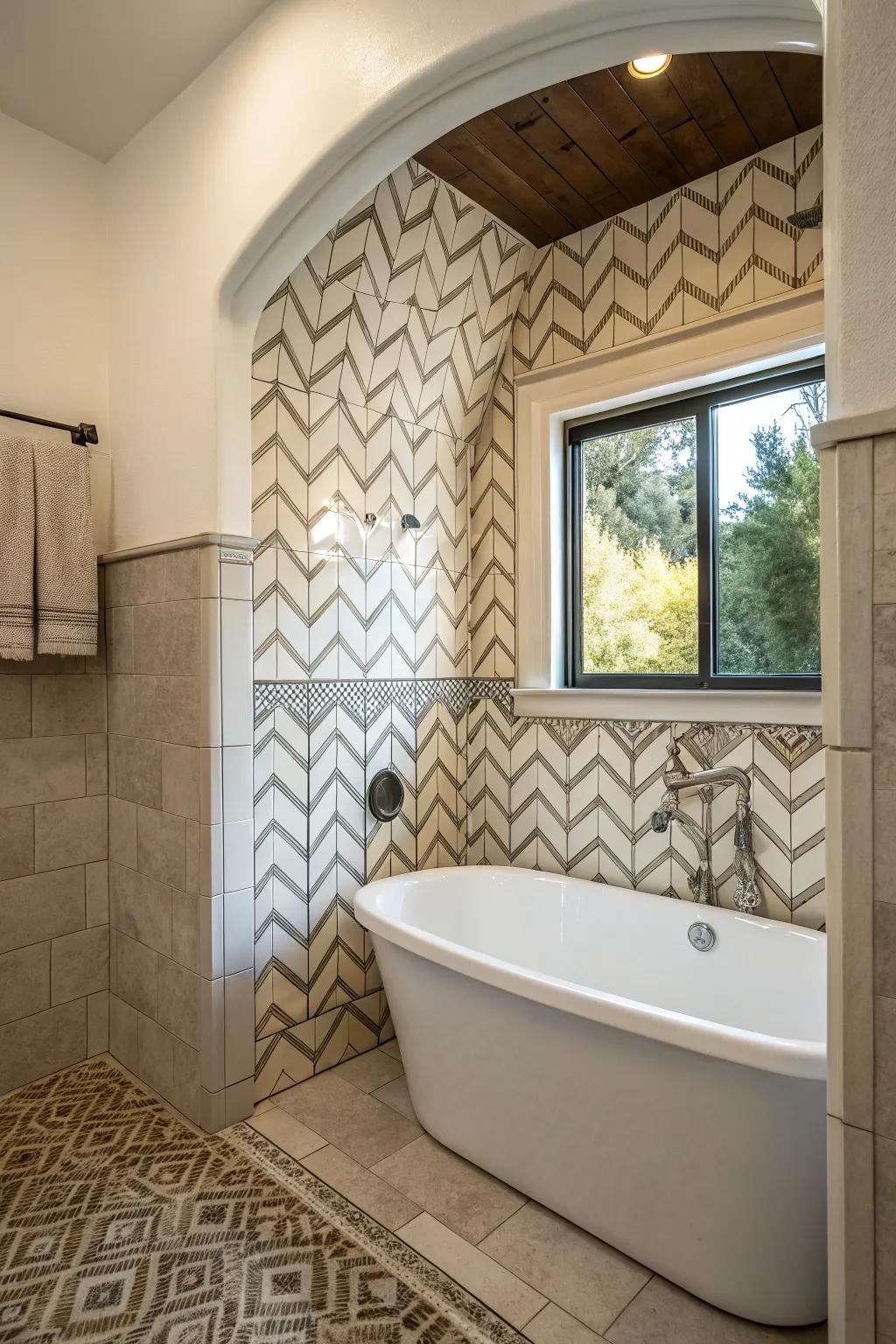 Chevron tile pattern adding visual energy to a bathroom alcove.