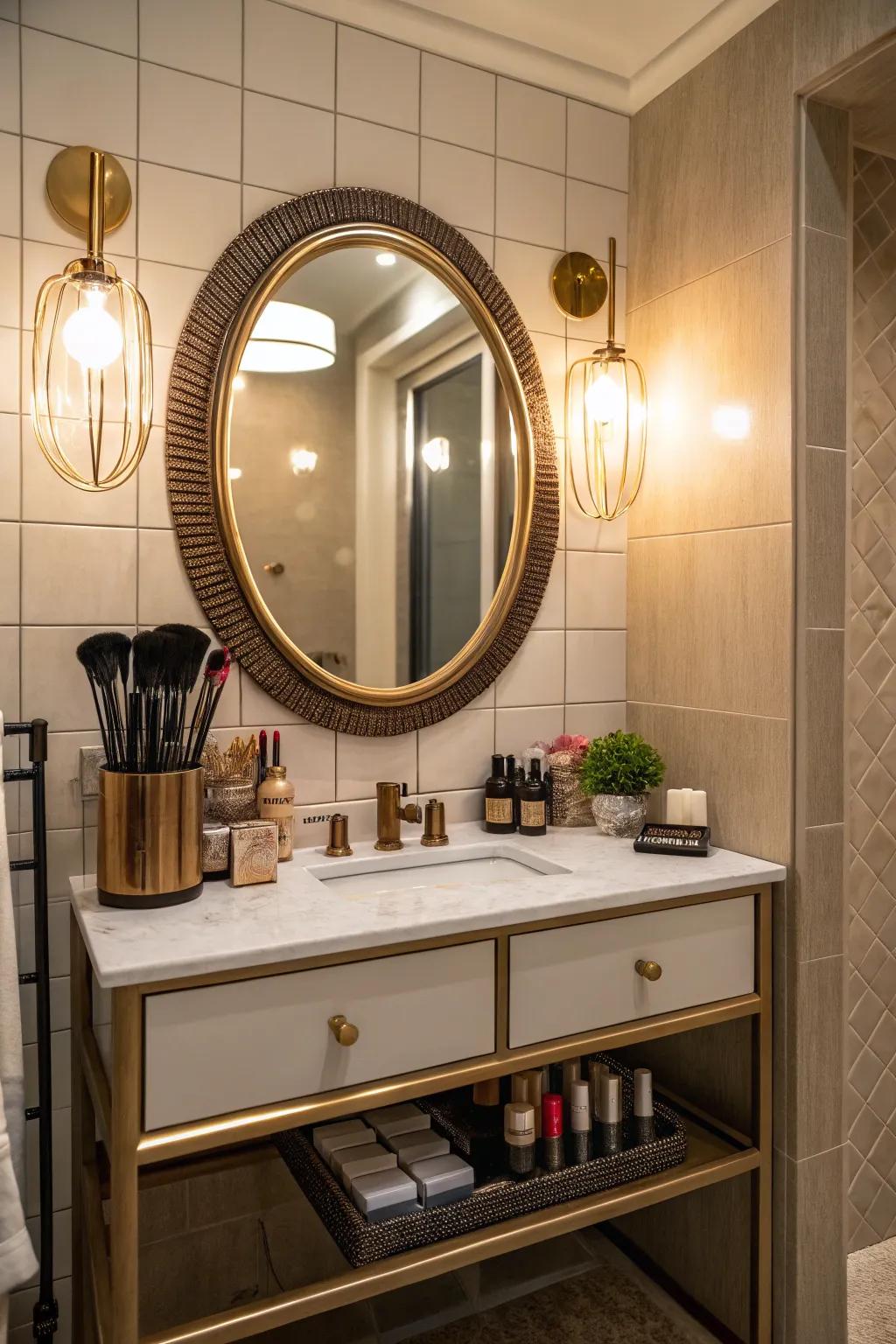 Makeup vanity alcove creating a stylish and private beauty corner.
