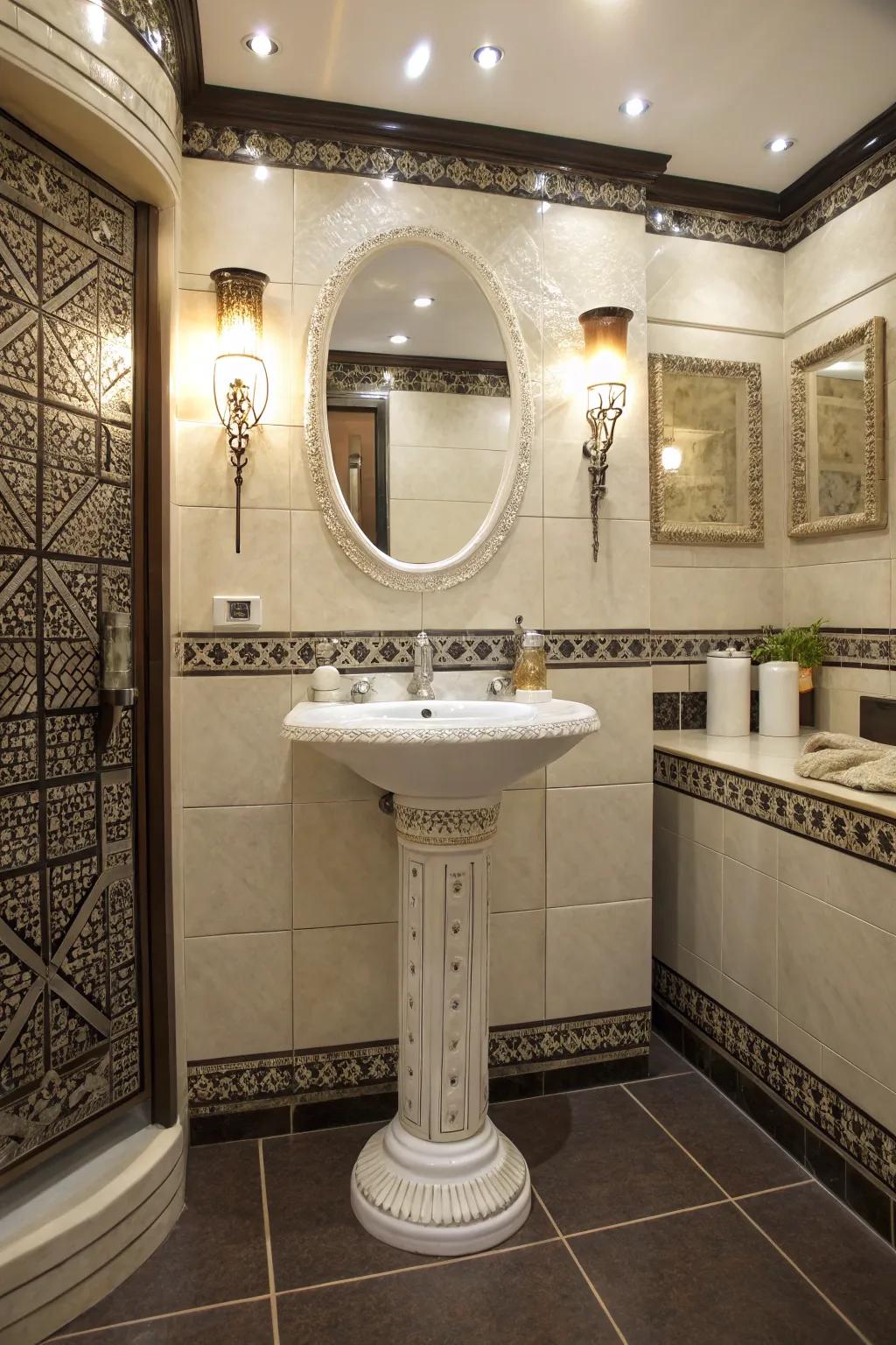 Pedestal sink in an alcove offering a timeless and space-efficient design.