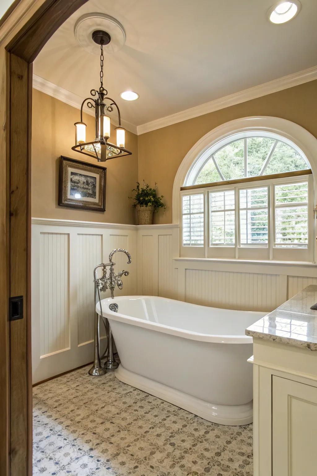 Wainscoted alcove paired with a freestanding tub for classic elegance.