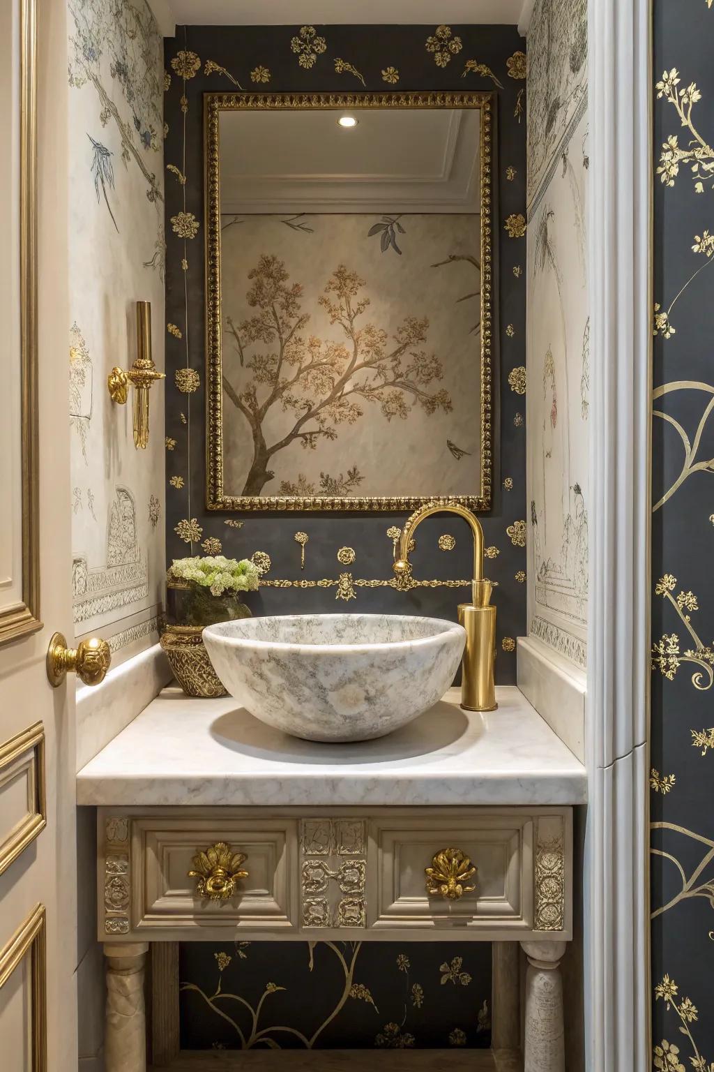 Chinoiserie alcove adding bold artistic flair to bathroom design.