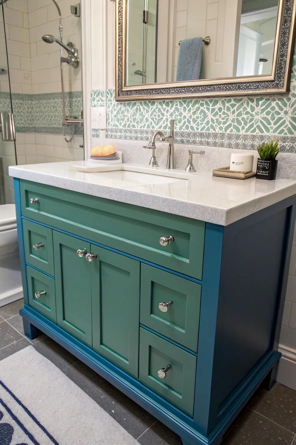 Blue and green vanity alcove infusing energy and freshness into the bathroom.