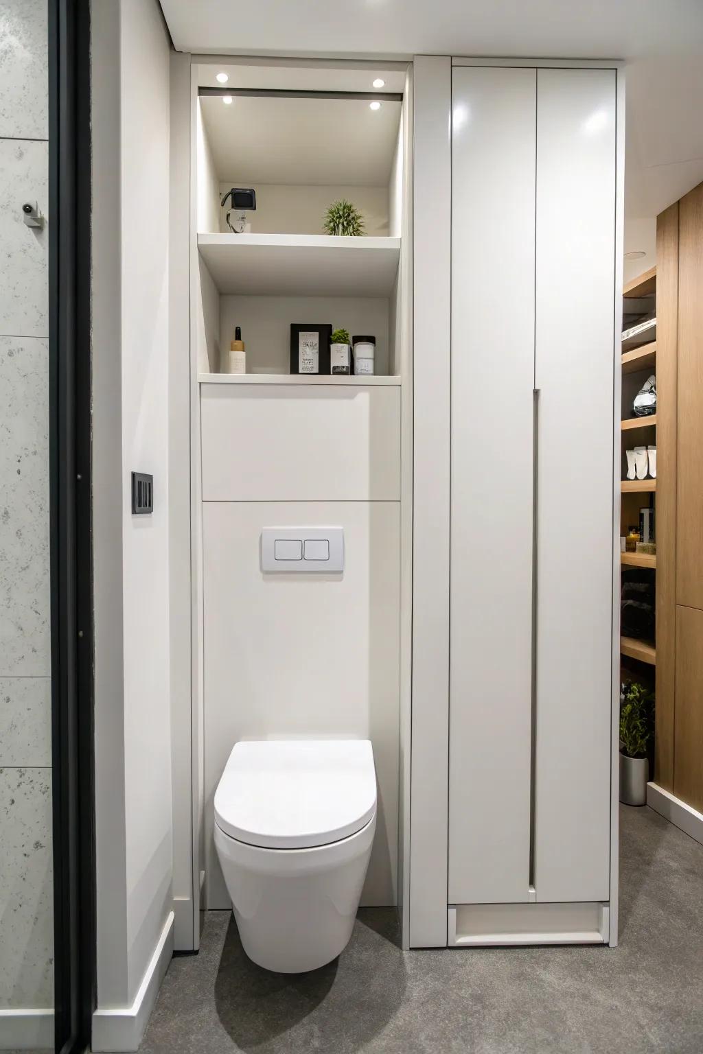 Minimalist toilet alcove maximizing space with clean design.